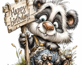 11 PNG Happy Birthday Panda Party Animal Clipart, Wood Sign
