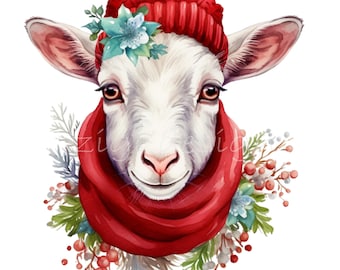 15 Agnelli invernali ad acquerello PNG, Berretto rosso Clipart di animali, Decorazioni natalizie con animali da fattoria