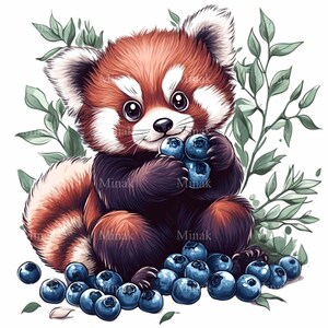 12 imágenes prediseñadas de panda rojo adorable: adorable panda comiendo arándanos con hojas: arte digital de animales salvajes