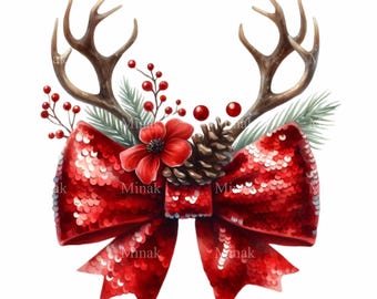 10 fiocchi rossi con paillettes in formato PNG, clipart di corna di renna, grafica per le festività natalizie