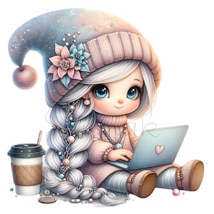 15 Cute Girl with Laptop PNG Clipart | Winter Hat, Braided Hair, Coffee & Cookies | Pastel Digital Art for Crafts