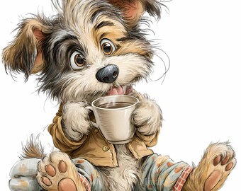 15 Puppy Drinking Coffee Png, Pajama Dog Morning Messy Hair Sleepy Pet Clipart