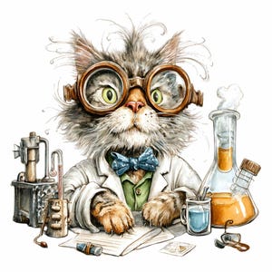 Könnte beinhalten: Eine humorvolle Illustration einer Katze im Laborkittel mit Brille und Fliege, umgeben von wissenschaftlichen Geräten. Das Bild zeigt Becher, Flaschen und andere Laborgeräte und schafft ein lustiges, lehrreiches Thema.