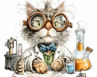 May include: A whimsical illustration of a cat scientist wearing goggles, a bow tie, and a lab coat. The cat is surrounded by beakers, flasks, and scientific equipment, creating a playful and educational theme.