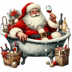 12 cliparts drôle de père Noël au format PNG - Père Noël dans une baignoire à vin PNG - Motif de Noël humoristique pour cartes de vœux, chemises et oeuvres d'art à sublimation festives