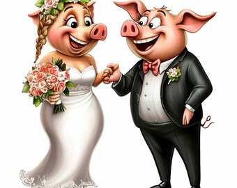 20 PNG Wedding Pigs Clipart, Bride Groom Graphics