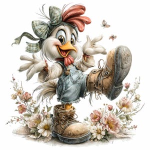 Op de afbeelding: Een grillige illustratie van een cartoonkip met een spijkerbroek en bruine laarzen, met een grote strik op haar hoofd. De kip is omringd door bloemen en vlinders, met een vrolijke uitdrukking.