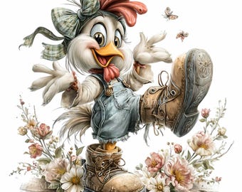 15 PNG Spring Chicken Clipart, Watercolor Farm Bird With Flowers Country Nursery Decor