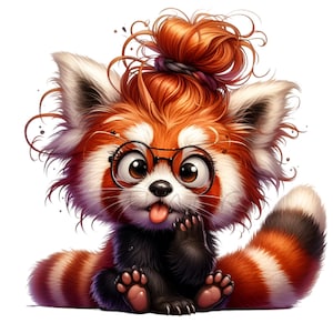 15 Panda roux mignon PNG - Panda drôle de bande dessinée avec des lunettes et un petit pain - Clipart animal pour la sublimation, art mural de chambre d'enfant, autocollants