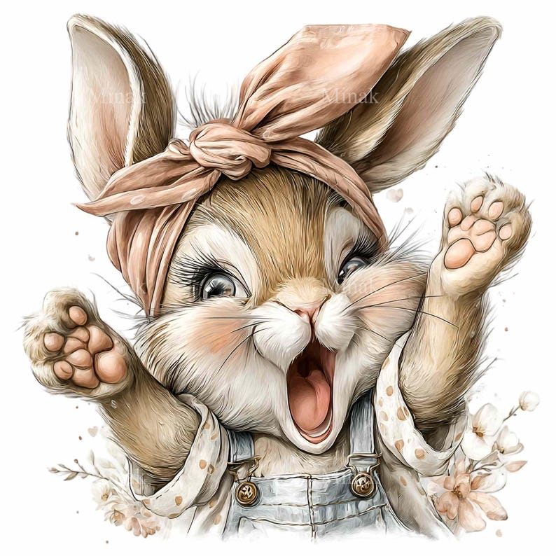 Puede incluir: Ilustraci&oacute;n caprichosa de un conejo con expresi&oacute;n de sorpresa. El conejo lleva un pa&ntilde;uelo rosa y un peto azul claro. Sus patas est&aacute;n levantadas y su boca est&aacute; abierta. Flores y follaje rosas suaves en el fondo.