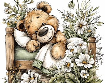 11 PNG Sleeping Bear in Bed Clipart, Wildflower Meadow Nursery