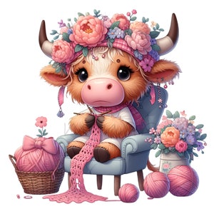 Highland Cow Clipart, 10 PNG Crochet Clipart, Knitting Clipart, Funny Grandma Mother's Day Card Making, Sublimation, Gift Card, Printable