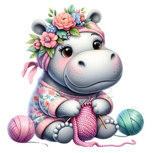 10 hippopotames mignons PNG, adorable hippopotame à tricoter avec des cliparts bandeau floral, lunatique artisanat Animal en téléchargement numérique