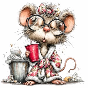 Puede incluir: Ilustración caprichosa de un ratón con gafas redondas grandes y una bata floral, sosteniendo una taza roja con una pajita. El ratón está cerca de un cubo de basura que rebosa de papeles arrugados. El ratón tiene una expresión somnolienta.