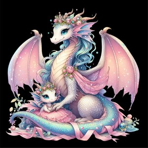 May include: A pair of pastel pink and blue dragons with sparkling wings and floral crowns. The larger dragon has a long, flowing tail and is holding a smaller dragon in its claws. Both dragons have a whimsical and magical appearance.
