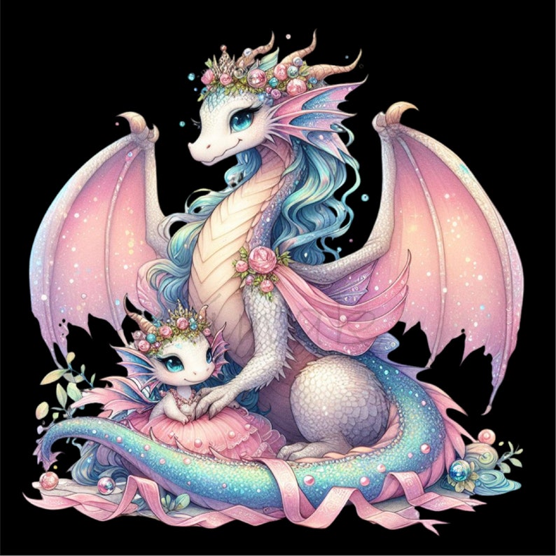 May include: A pair of pastel pink and blue dragons with sparkling wings and floral crowns. The larger dragon has a long, flowing tail and is holding a smaller dragon in its claws. Both dragons have a whimsical and magical appearance.
