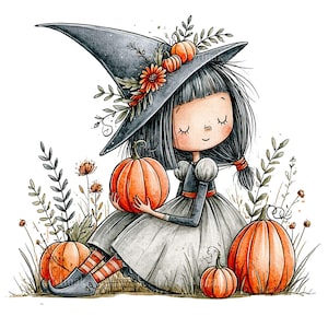 May include: A watercolor illustration of a young witch with black hair, wearing a gray dress and a pointed black hat adorned with pumpkins and flowers. She is surrounded by pumpkins and foliage, creating a whimsical Halloween scene.