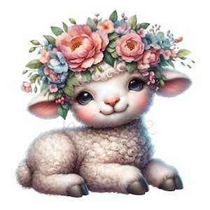 12 PNG Clipart di agnello floreale - Pecora PNG - Arte della fattoria per baby shower primaverile, decorazioni per cameretta, stampe murali