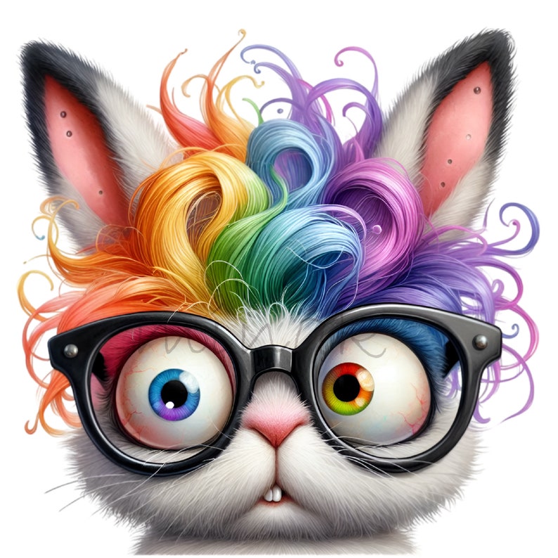 12 PNG Rainbow Messy Hair Bunny, Funny Nerd Rabbit Quirky Animal - Etsy