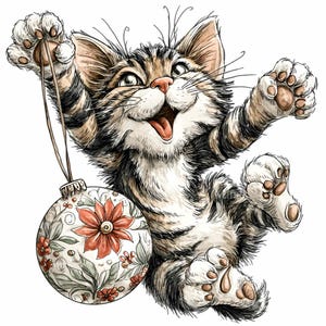 May include: A watercolor illustration of a tabby cat holding a Christmas ornament. The cat is jumping with joy, its mouth open in a smile. The ornament is white with a red flower and green leaves design. The cat's fur is brown and black.