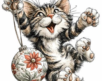 15 PNG Christmas Cat Clipart - Festive Kitten with Bauble (Digital Download)