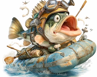 10 ilustraciones de aventuras de peces PNG, arte de animales de pesca en acuarela para impresiones de guarderías y manualidades.