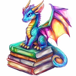 12 Clipart PNG di draghi colorati sui libri – Drago della biblioteca fantasy con ali magiche – Arte digitale di Mystical Book Hoard