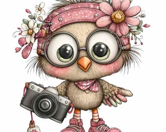 16 PNG Owl Photographer Clipart – Stora ögon kamera fågelillustration för vårkort, klistermärken, scrapbooking, sublimering