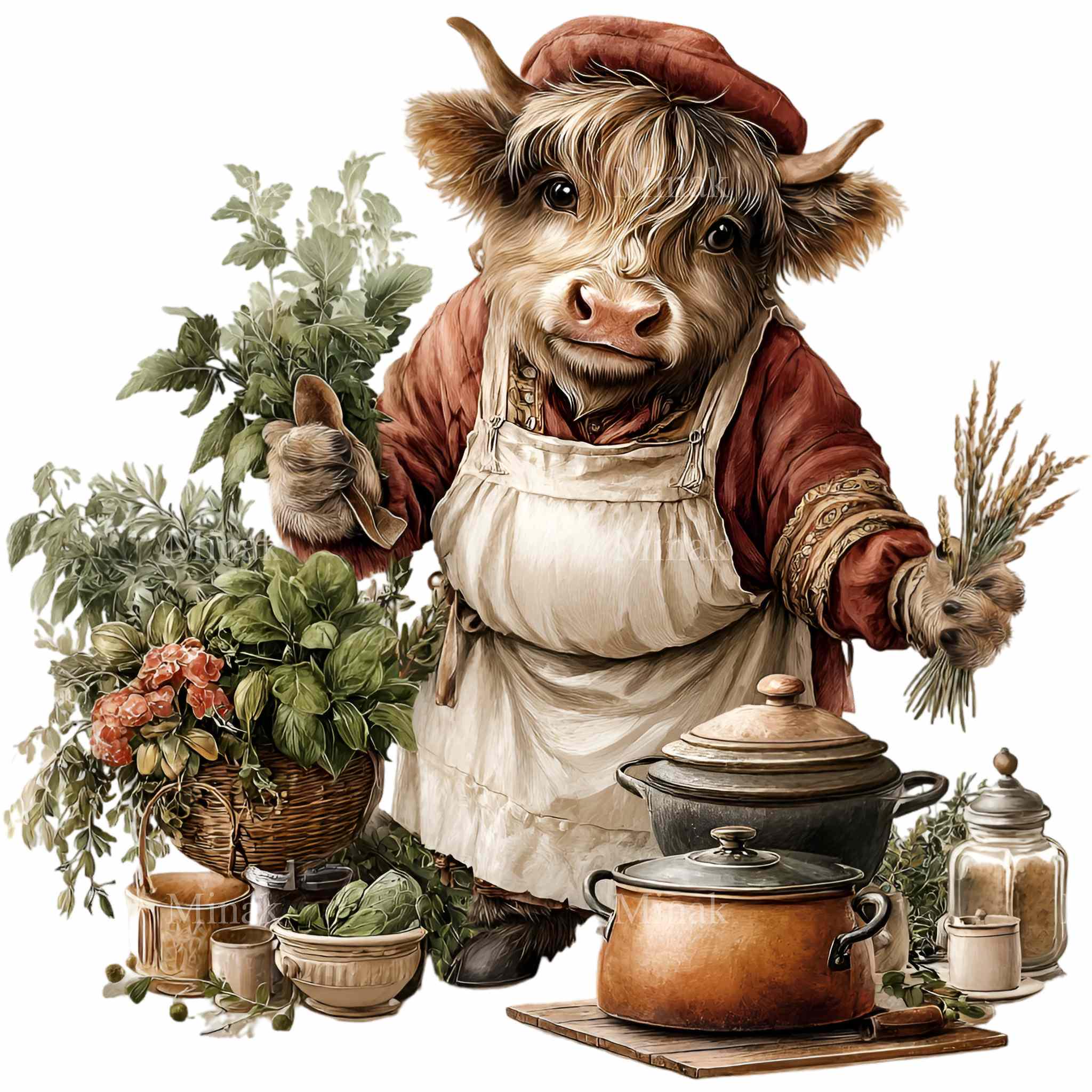 15 PNG Highland Cow Chef Clipart – Rustic Kitchen Illustration, Baking ...