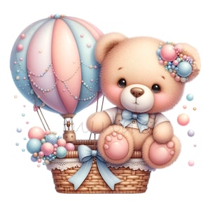 Cute Bear Clip Art, 10 PNG Hot Air Balloon Clipart, Printable, Pastel Colors Digital, Card Making, Sublimation, Junk Journal, Nursery Decor