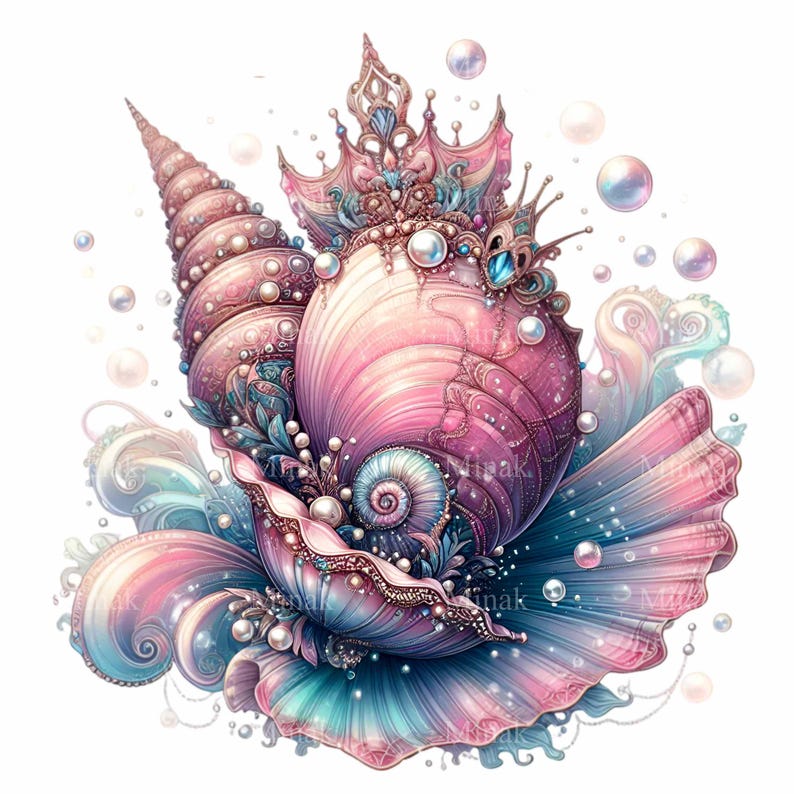 May include: A pink and blue seashell with a crown and pearls. The shell is decorated with intricate details and has a swirling pattern. The shell is surrounded by bubbles.