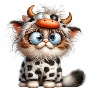 Joli chat en costume de vache PNG Clipart | 15 chaton aux yeux bleus | Illustration numérique sur le thème des animaux de la ferme
