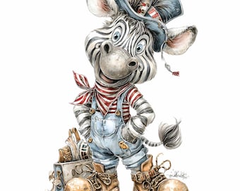 16 PNG Zebra Clipart – Cartoon Animal Art in Overalls and Boots for Kids Stickers, Cards, Crafts, Printable Decor, Sublimation Design