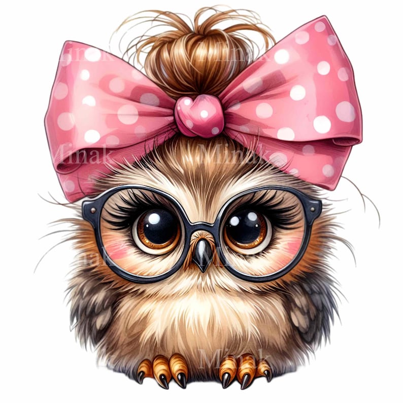 May include: A cartoon owl with brown feathers wearing pink glasses and a pink polka dot bow in its hair.