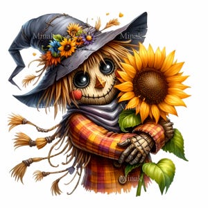 14 schattige vogelverschrikker clipart png, vogelverschrikker met zonnebloem en herfsthoed, herfstoogst cartoon kunst, sublimatie, DIY afdrukbaar ontwerp