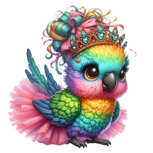 Lindo loro bailarina clipart, 15 PNG Tutu Ballet colorido pájaro dibujos animados imágenes imprimibles, regalo de sublimación imprimible arte de pared