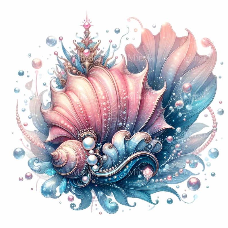 May include: A pink and blue seashell with intricate details and pearl accents. The seashell is surrounded by swirling blue and white patterns and small white pearls.