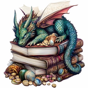 12 Majestic Dragon on Books PNG Clipart – Dragão de acumulação de fantasia com ouro e pedras preciosas – Mystical Library Digital Art
