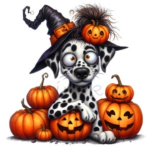 12 Halloween Dog Clipart PNG, carino dalmata con cappello da strega e zucche, design digitale di Halloween, arte spettrale del cane