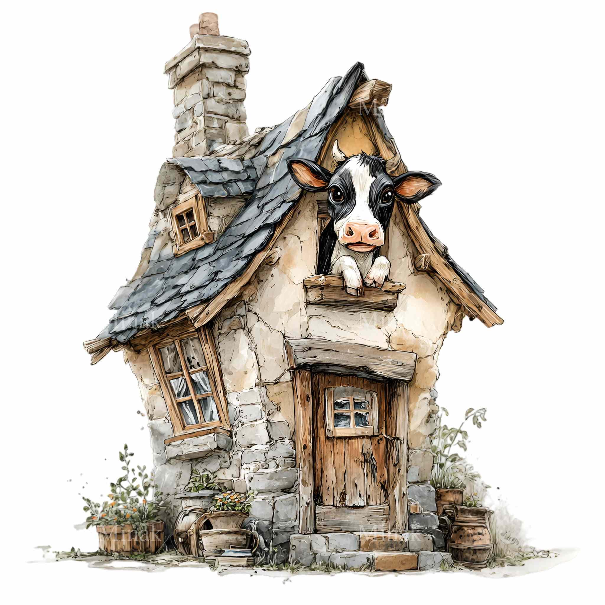 16 PNG Whimsical Cow House Clipart – Fairytale Farmhouse With Animal on ...