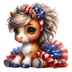 Clip Art de caballo patriótico, linda chica 12 PNG USA Flag Clip Art, descargas digitales imprimibles, tarjeta que hace sublimación etiqueta de regalo diario basura