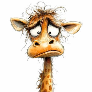 24 Funny Giraffe PNG Clipart with Silly Face Expression | Cartoon Style Sad Giraffe Illustration | Instant Digital Download