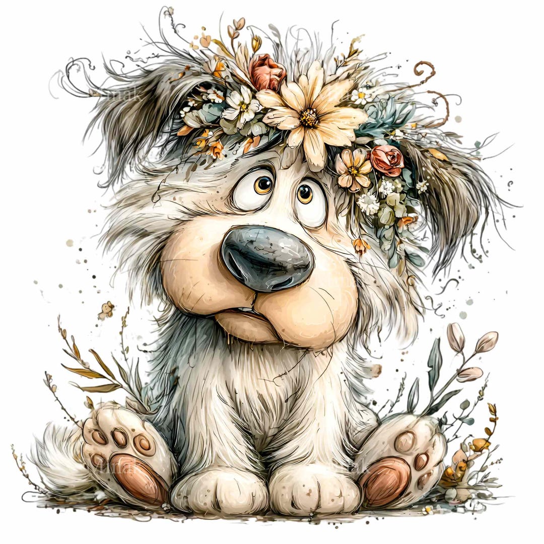 15 PNG Floral Dog Clipart – Funny Puppy PNG Illustration – Cute Fluffy ...