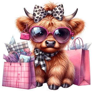 16 PNG mode vache PNG Clipart, sacs à provisions vache Highland, art vache élégant noeud léopard, décoration glam animaux de la ferme