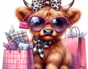 16 imágenes prediseñadas PNG de vacas de moda, arte de vacas de las Tierras Altas para ir de compras (descarga digital)