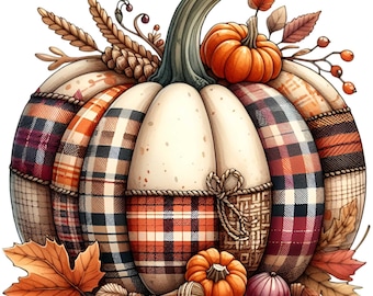 Puede incluir: Una calabaza blanca con un patrón de cuadros, decorada con follaje de otoño, bayas y una calabaza pequeña. La calabaza es una artesanía de temática otoñal.