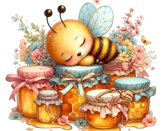 10 PNG Sleeping Bee Honey Jars Floral Clipart