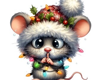 12 Luci di Natale a forma di topo in formato PNG, clipart di roditore con cappello di Babbo Natale, grafica di animali per le feste