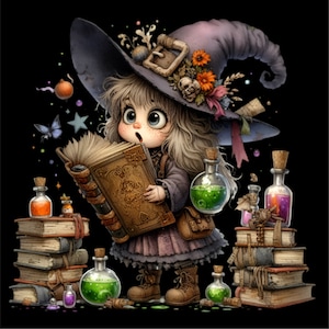 May include: A young witch with a purple and black pointed hat, holding a large open book with a brown leather cover. She is wearing a purple dress with a brown belt and black boots. There are several bottles of potion and stacks of books in the background.