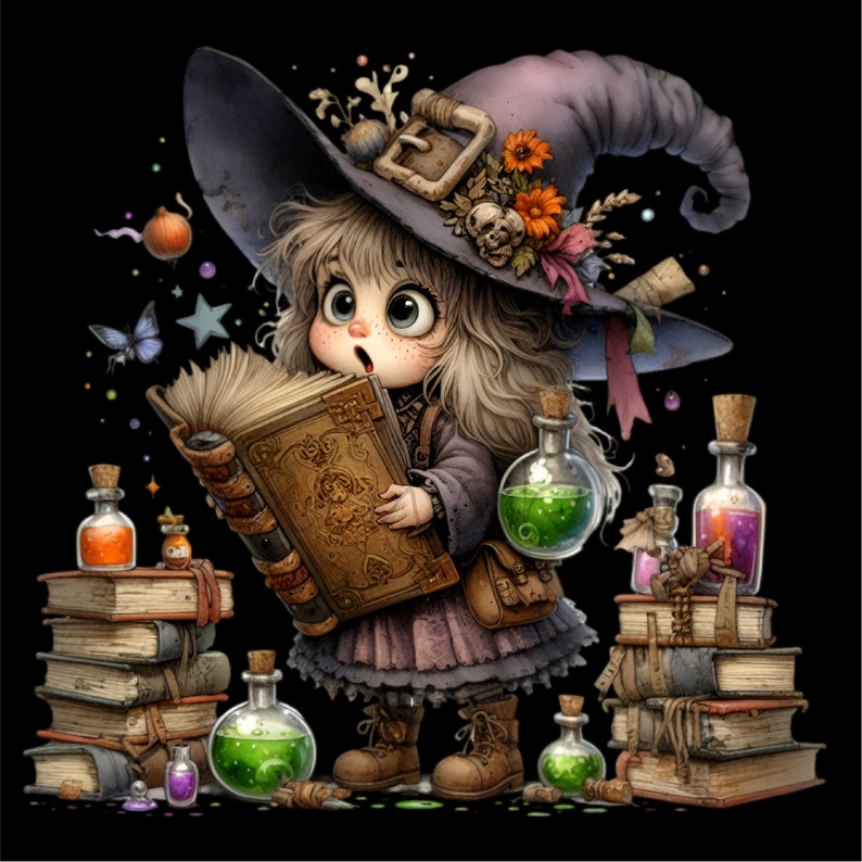May include: A young witch with a purple and black pointed hat, holding a large open book with a brown leather cover. She is wearing a purple dress with a brown belt and black boots. There are several bottles of potion and stacks of books in the background.